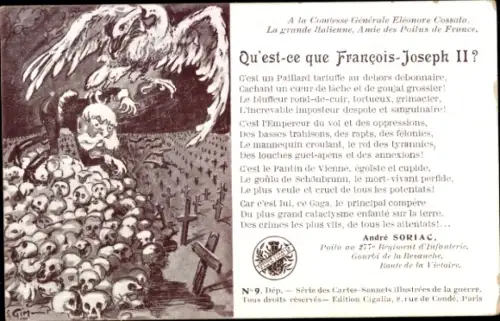 Künstler Ak Karikatur Kaiser Franz Joseph I., Totenschädel, Gräber, Gedicht André Soriac