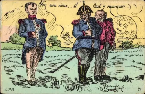 Künstler Ak Napoleon, Kaiser Wilhelm II., Kaiser Franz Joseph I., französische Karikatur, 1. WK