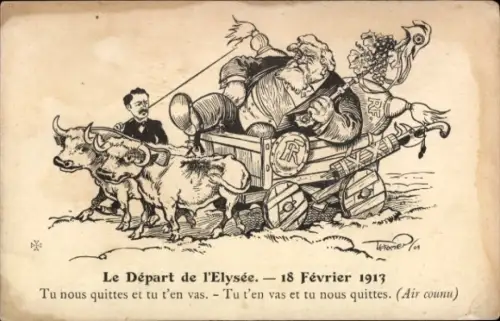 Ak Le Depart de l'Elysee 1913, Tu t'en vas et tu nous quittes, Präsident Armand Fallières, Fuhrwerk