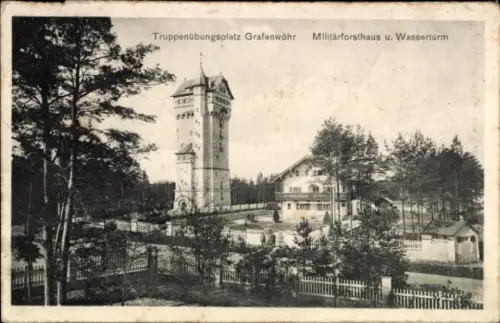 Ak Grafenwöhr in Bayern, Truppenübungsplatz, Militärforsthaus und Wasserturm