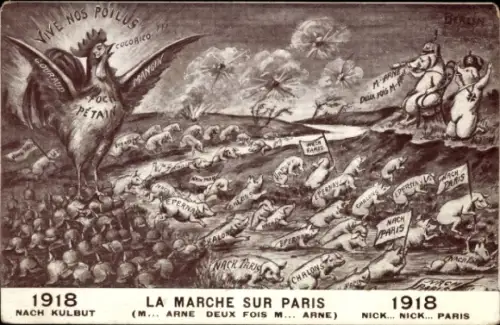 Ak Der Marsch auf Paris 1918, Schweine als deutsche Soldaten, Rückzug, gallischer Hahn, 1. WK