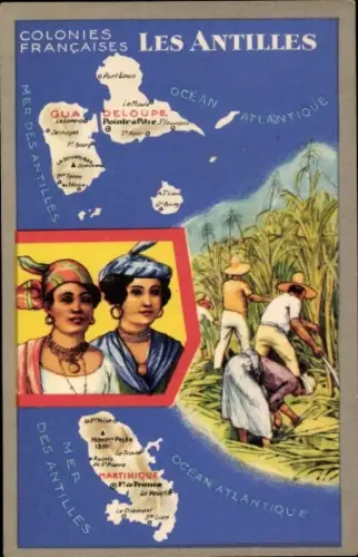 Landkarten Ak Martinique, Guadeloupe, Les Antilles, Feldarbeiter, Zuckerrohr, Frauen in Trachten