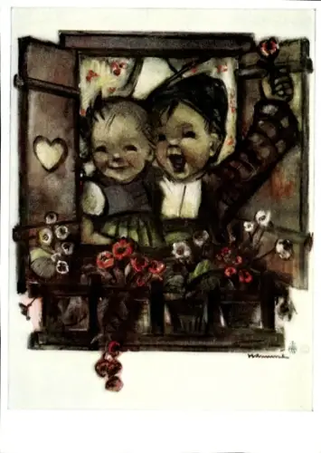 Künstler Ak Hummel, Berta, Kinder am Fenster, Blumenkasten, Nr. 5325