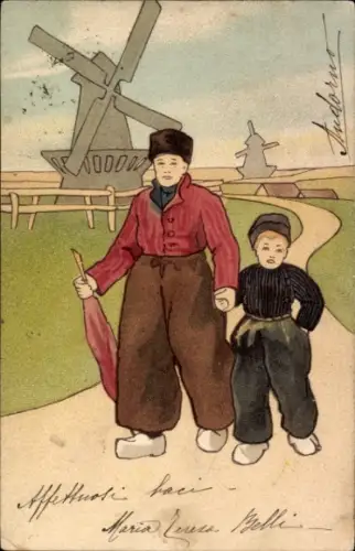 Litho Niederländer in Trachten, Holzschuhe, Windmühlen