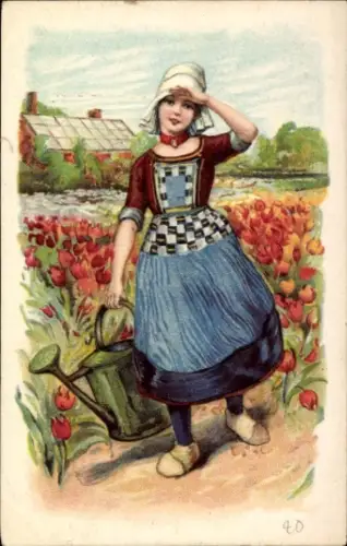 Ak Mädchen in niederländischer Tracht mit Gießkanne, Tulpenfeld