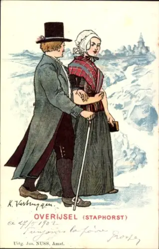 Künstler Ak Paar in holländischer Tracht aus Overijssel Staphorst