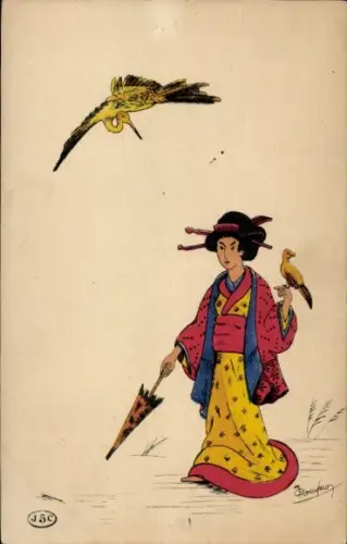 Künstler Ak Japanerin mit Schirm, Vögel