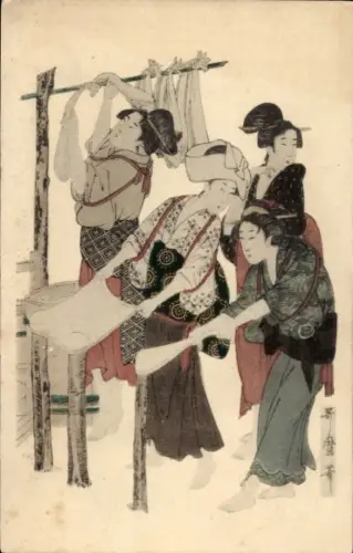 Ak Japanerinnen waschen Kleidung, Japanische Tracht