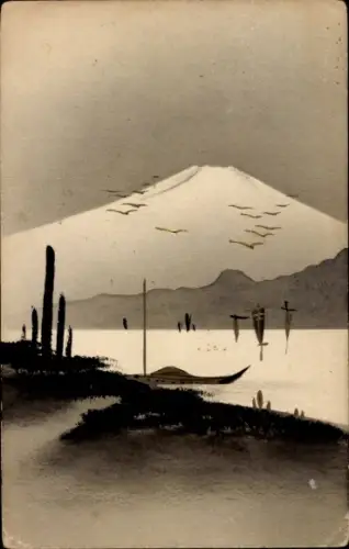 Handgemalt Ak Japan, See, Boote, Berg