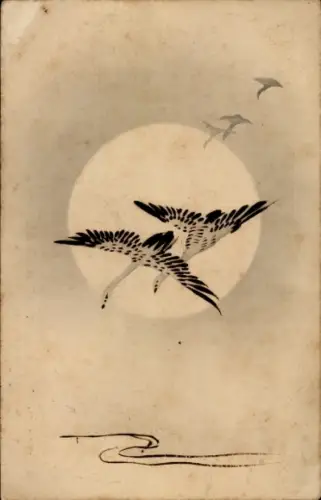 Handgemalt Ak Japan, Kraniche vor dem Mond