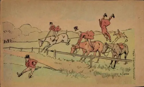 Künstler Ak Humor, mehrere Reiter, die von ihren Pferden fallen