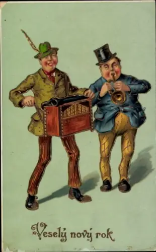 Ak Glückwunsch Neujahr, Musizierende Männer, Drehorgel