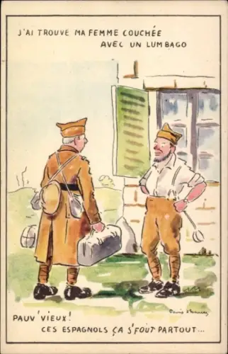 Künstler Ak J'ai trouvé ma femme couchée avec un lumbago, Soldatenhumor