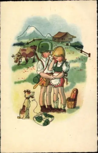 Ak Liebespaar, Junge als Soldat, Weinendes Mädchen