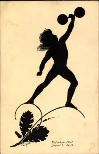 Scherenschnitt Ak Diefenbach, Göttliche Jugend 1, Teilbild 13, Gewichtheber