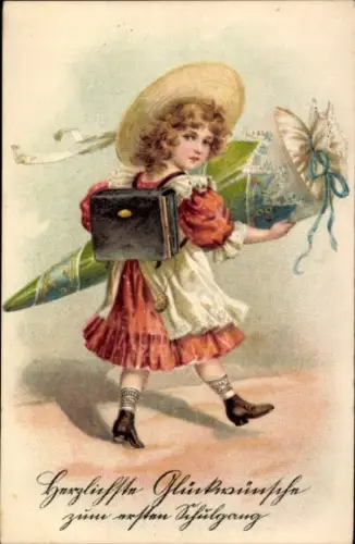 Ak Glückwunsch Schulanfang, Mädchen mit Zuckertüte