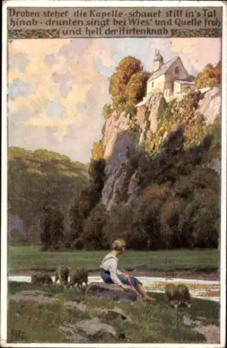Lied Künstler Ak Hey, Paul, Volksliederkarte Nr. 96, Droben stehet die Kapelle, Schafe