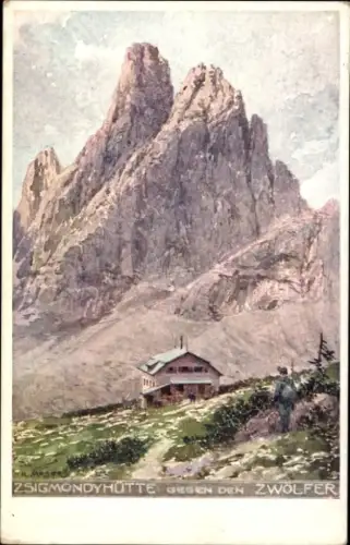 Künstler Ak Zsigmondy-Hütte gegen den Zwölfer, Berghütte