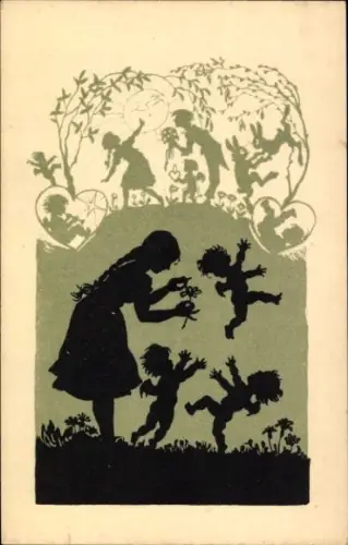 Scherenschnitt Ak Plischke, Georg, Mädchen mit Liebesengeln