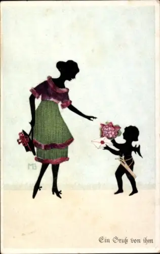 Scherenschnitt Ak Graf, Marte, Liebesengel, Blumenstrauß