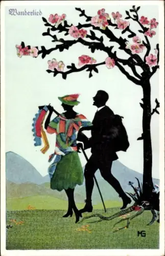Scherenschnitt Künstler Ak Graf, Marte, Wanderlied, Wanderer