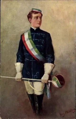 Studentika Künstler Ak Mühlberg, Georg, Zum ersten mal in Wichs, Student mit Schläger