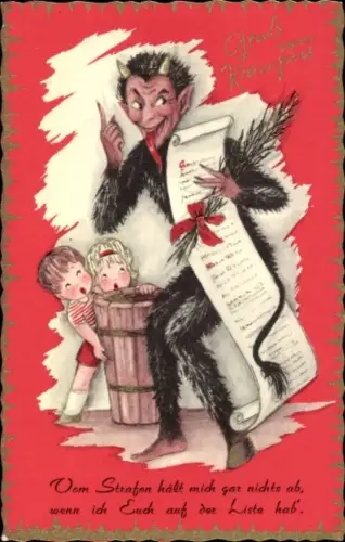 Künstler Ak Krampus mit Rute, Kinder