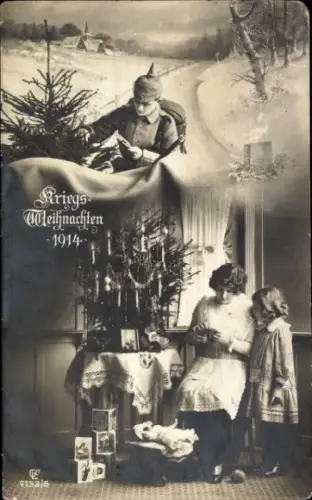 Ak Frohe Weihnachten, Tannenbaum, Soldat, Frau mit Tochter
