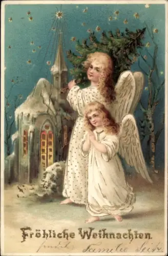Ak Frohe Weihnachten, Engel mit Tannenbaum