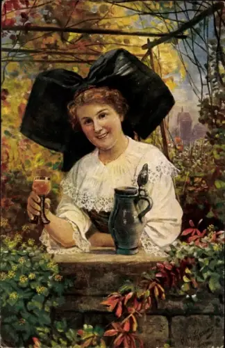 Künstler Ak Hoffmann, H., Elsässer Winzerin, Frau mit Flügelhaube, Weinglas