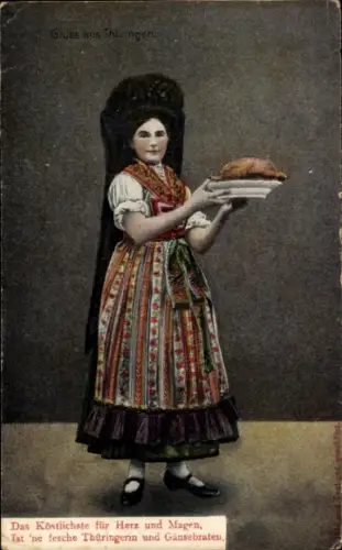 Ak Thüringen, Das Köstlichste für Herz und Magen, Ist 'ne fesche Thüringerin und Gänsebraten