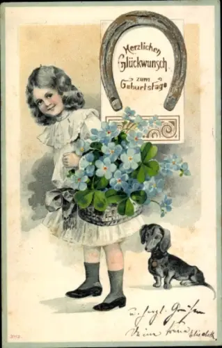 Litho Glückwunsch Geburtstag, Mädchen mit Blumen, Dackel