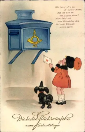 Ak Glückwunsch Neujahr, Kind und Hund am Postbriefkasten, Gedicht