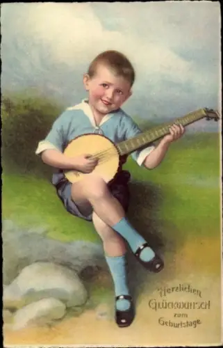 Ak Glückwunsch Geburtstag, Knabe mit Mandoline