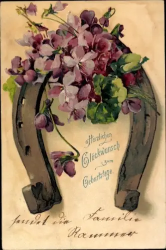 Präge Litho Glückwunsch Geburtstag, Blumen, Hufeisen