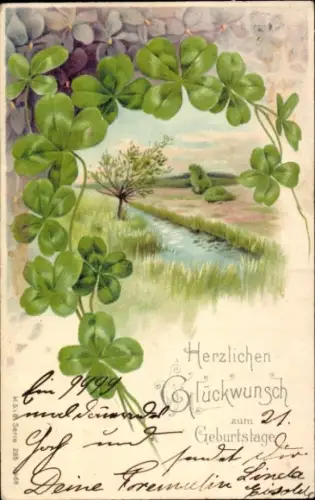Präge Litho Glückwunsch Geburtstag, Kleeblätter