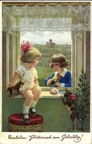Ak Glückwunsch Geburtstag, Kinder am Fenster, Hund, Spielzeug, Novitas