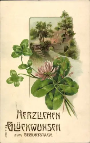 Präge Litho Glückwunsch Geburtstag, Kleeblätter