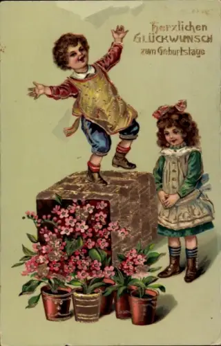 Präge Ak Glückwunsch Geburtstag, Kinder, Blumen