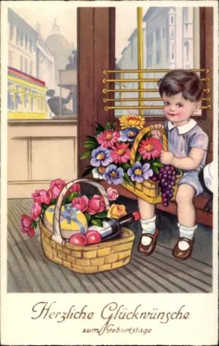 Ak Glückwunsch Geburtstag, Knabe, Blumen
