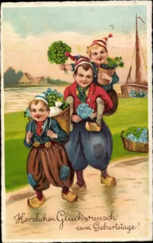 Litho Glückwunsch Geburtstag, Kinder, Kleeblätter