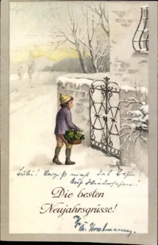 Ak Glückwunsch Neujahr, Kind mit Kleeblätter