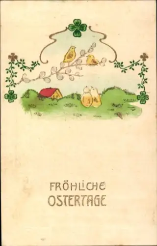 Ak Fröhliche Ostern, Weidenkätzchen, Küken, Klee