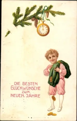 Ak Glückwunsch Neujahr, Kind, Münzen, Uhr