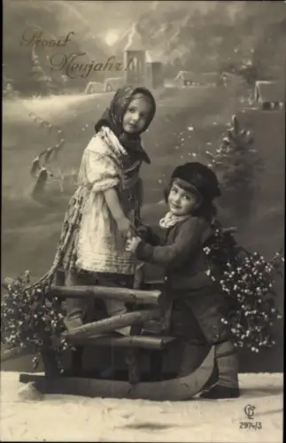 Ak Glückwunsch Neujahr, Kinder, Schlitten