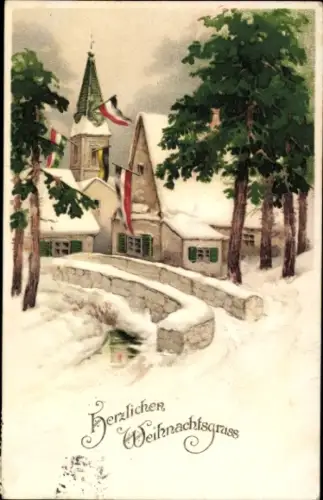 Ak Glückwunsch Weihnachten, Patriotik, Fahnen im Dorf