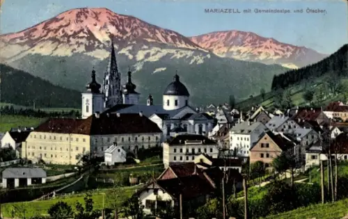 Ak Mariazell Steiermark, Gesamtansicht, Basilika Mariä Geburt, Gemeindealpe und Ötscher