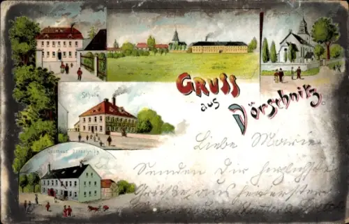 Litho Dörschnitz Lommatzsch Sachsen, Schule, Gasthaus, Pfarrhaus, Kirche