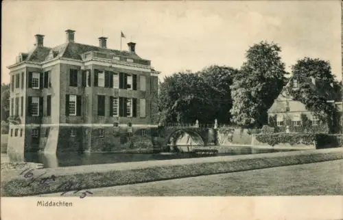 Ak De Steeg Rheden Gelderland, Kasteel Middachten, Wassergraben, steinerne Bogenbrücke, großes Ha