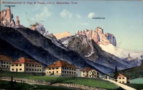 Ak Vigo di Fassa Trentino Südtirol, Militärkasernen, mehrere Gebäude auf Almwiese, beschriftete B